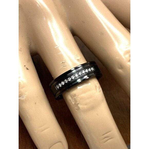 Men's Wedding Band Black Stainless Steel Diamond 7mm Wide Ring Size 8.25 - Picture 6 of 13